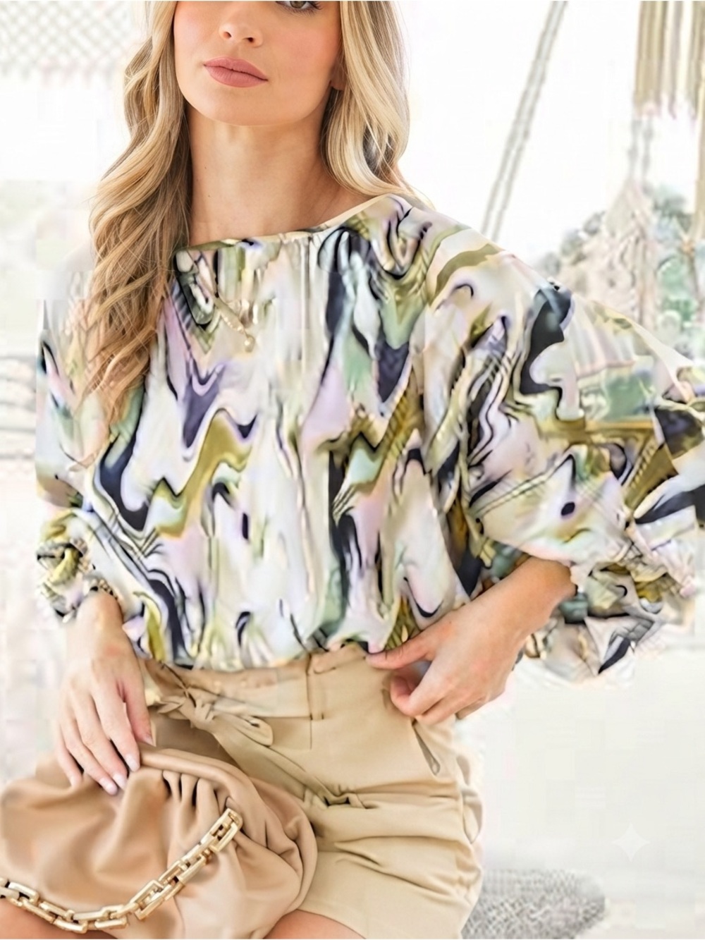 Vine & Love Abstract Marble Print Blouse - Balloon Sleeve Smocked Cuff Top ML